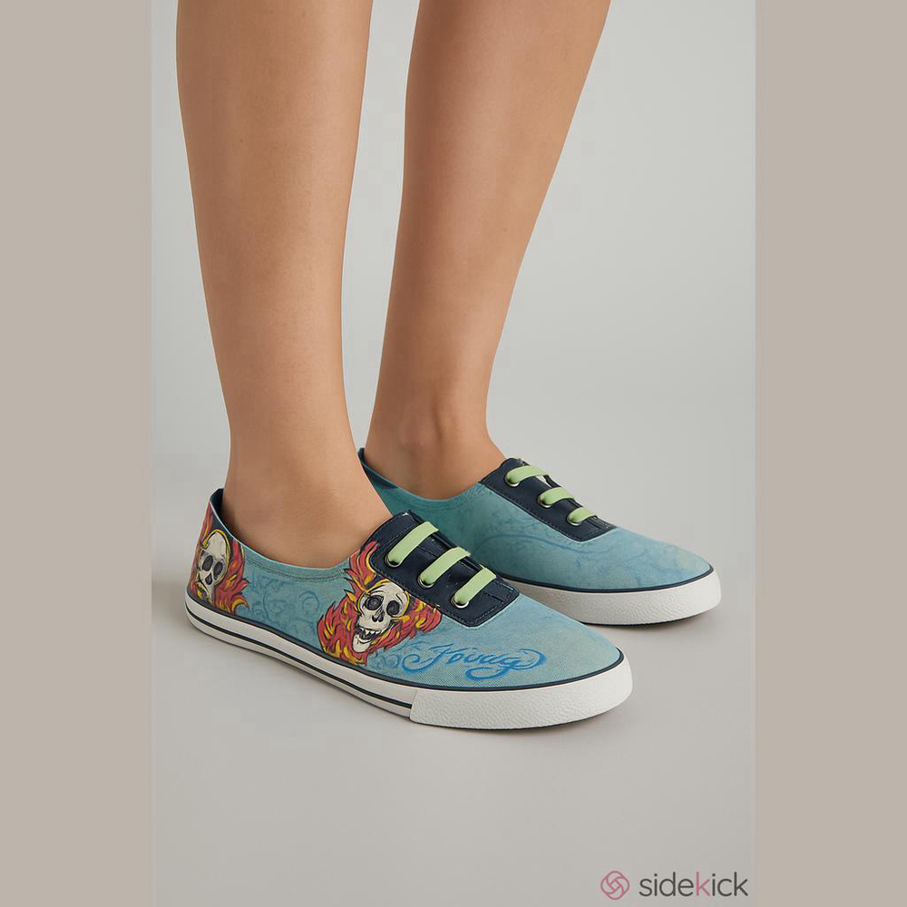 Ed Hardy Eye Candy Blue Canvas Tattoo Slip On Flat Sneakers Size 6 Y2K McBling